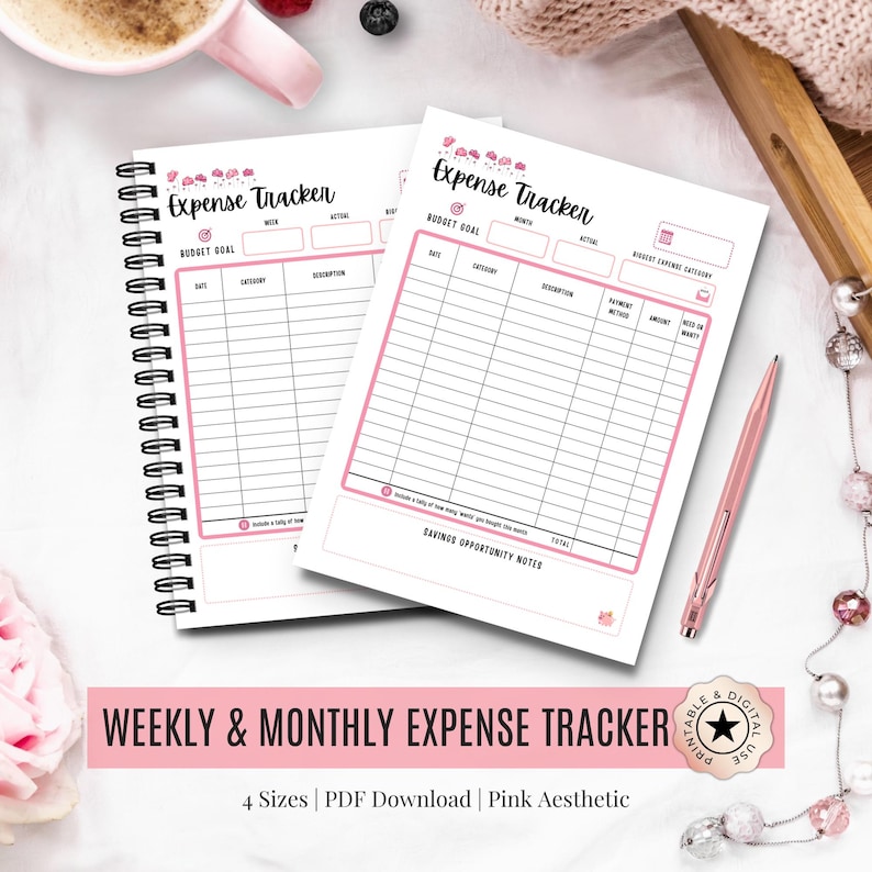 Aesthetic pink expense tracker printable in weekly and monthly format, shown as a flat lay with soft props, digital download in 4 sizes.