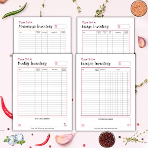 May include: Four white inventory sheets with pink borders and headings: Seasonings, Fridge, Pantry, and Freezer Inventory. Each sheet has columns for item, quantity, expiry date, and notes. The text "Check this list before your next shop" is at the bottom.