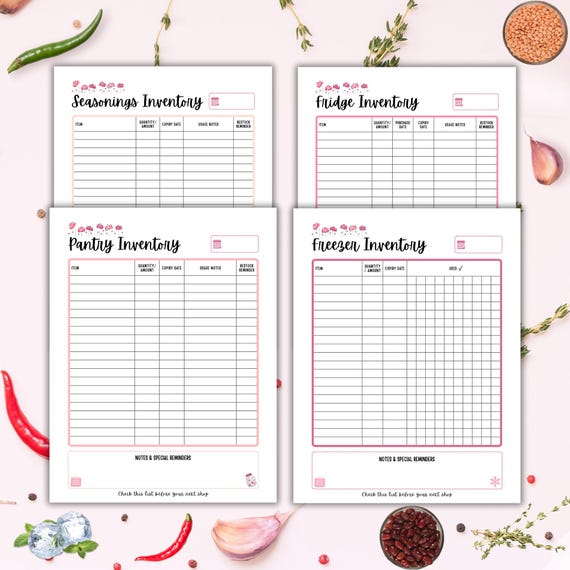 Kitchen Inventory Printable Bundle – Pantry, Fridge, Freezer & Seasonings Templates for Meal Planning (US Letter, A4, Half Letter, A5)