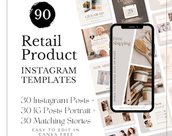 90 Retail Product Instagram Templates - IG Post Portrait & Stories | Aesthetic Feed | Canva Editable | Fashion, Jewelry, Skincare Retailers