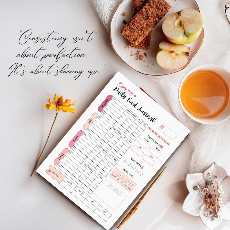 Motivational quote graphic for macro tracking journal with phrase “Consistency isn’t about perfection. It’s about showing up."