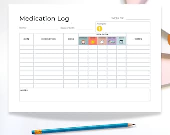 Printable Daily Medication Log: Weekly Medicine, Vitamin, Supplement Tracker (Digital Download)