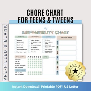 Bearbeitbares Verantwortungs Diagramm für Jugendliche & Tweens | Druckbare tägliche / wöchentliche Routine, Hausarbeit und Stundenplan | Digitales PDF, Canva Vorlage