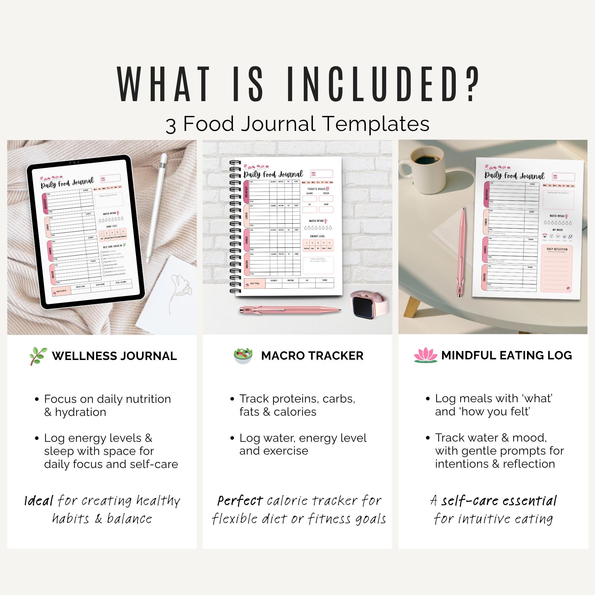 Daily Food Journal Printable Bundle: Macro, Wellness & Mindful Eating ...