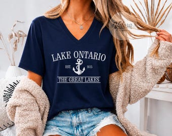 Lake Ontario Est 1615 Women’s V-Neck Shirt, Formerly Lake Travel Tee, Great Lakes Vintage Shirt, Vintage Lake Travel Gift