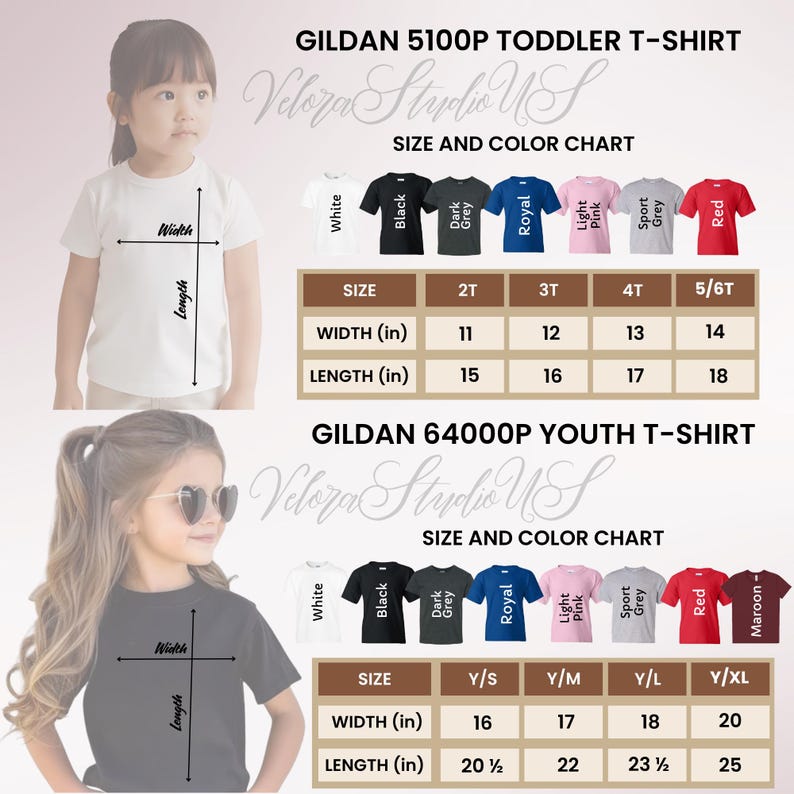 May include: Image of a white toddler t-shirt and a black youth t-shirt. Size and color charts are included, showing width and length measurements in inches. The charts display various colors like white, black, and red.