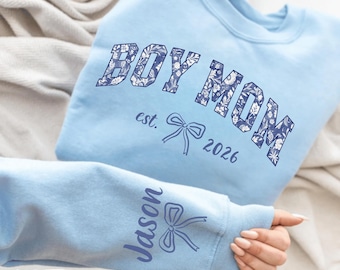 Custom Boy Mom Sweatshirt, Blue Toile Boy Mom Sweatshirt, New Mom Announcement Sweat, Personalized Boy Mom Gift, Cottagecore Boy Mama Sweat