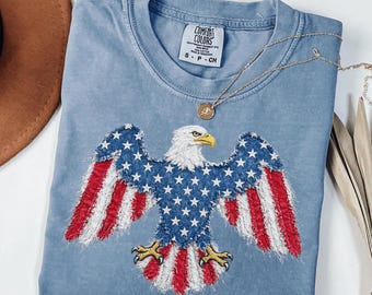 Comfort Colors Faux Patchwork American Eagle Shirt, 4th of July Family Matching Tee, 250th Year Shirt, USA Patriotic 250 Anniversary Tee