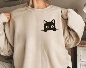 Sweater gluren kat, sweater schattige kat, shirt zwarte kat, shirt kat gluren, grappige sweater vrouwen, cadeau voor kat moeder Sweatshirt