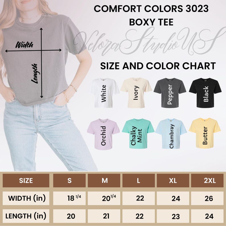 May include: A size and color chart for Comfort Colors 3023 Boxy Tee shirts. The chart shows the width and length measurements in inches for sizes S to 2XL. Colors include white, ivory, pepper, black, orchid, chalky mint, chambray, and butter.