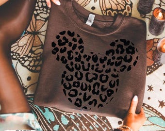 Leopard Print Minnie Mouse Sweatshirt, Cute Disney Mom Hoodie, Leopard Design Minnie Ear Sweatshirt, Disney Vacation Mom Sweatshirts