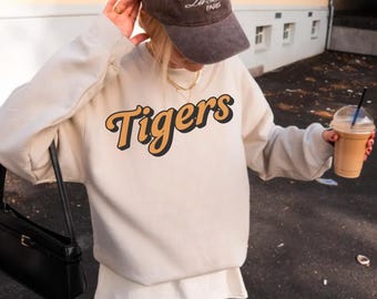 Sudadera unisex vintage de los Tigers, cuello redondo retro para el día del partido, suéter retro de estilo universitario, sudadera con capucha de los Tigers para el día del partido de los 90