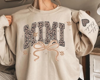 Custom Leopard Mimi Sweatshirt With Kid Name On Sleeve, Personalized Mimi Sweatshirt, Gift For Mimi, Christmas Gift Mimi Est 2026 Sweatshirt