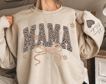 Custom Leopard Mama Sweatshirt With Kid Name On Sleeve, Personalized Mom Sweatshirt, Gift For Mom, Mothers Day Gift,Mama Est 2026 Sweatshirt