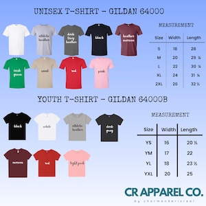 Puede incluir: Una selecci&oacute;n de camisetas Gildan 64000 y 64000B en varios colores, incluyendo blanco, negro, rojo y rosa. Las medidas se proporcionan en cm para tallas S a 2XL (unisex) y YS a YXL (juvenil). Marca: CR Apparel Co.