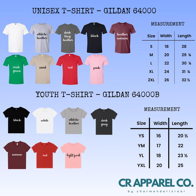 Puede incluir: Una selecci&oacute;n de camisetas Gildan 64000 y 64000B en varios colores, incluyendo blanco, negro, rojo y rosa. Las medidas se proporcionan en cm para tallas S a 2XL (unisex) y YS a YXL (juvenil). Marca: CR Apparel Co.