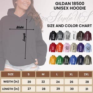 May include: A gray Gildan 18500 unisex hoodie. The image displays a size and color chart with various colors like black, red, orange, and green. The size chart shows width and length measurements in inches, ranging from 20 to 28 inches wide and 27 to 31 inches long.