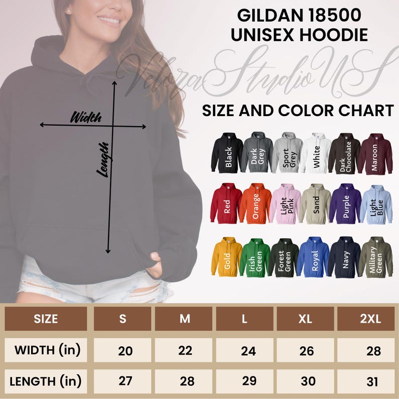 May include: A gray Gildan 18500 unisex hoodie. The image displays a size and color chart with various colors like black, red, orange, and green. The size chart shows width and length measurements in inches, ranging from 20 to 28 inches wide and 27 to 31 inches long.