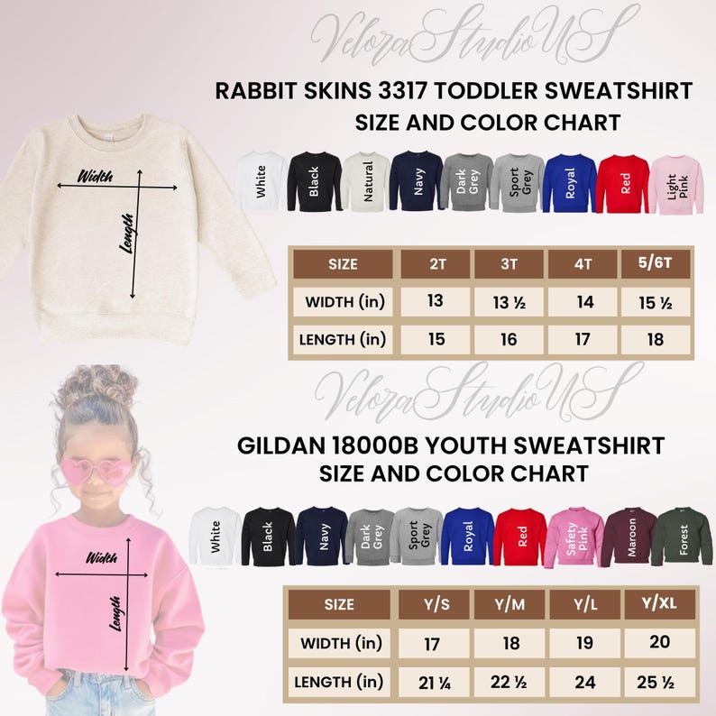 May include: Size and color chart for Rabbit Skins 3317 toddler sweatshirts and Gildan 18000B youth sweatshirts. The chart shows measurements in inches for width and length, along with color options including white, black, and navy.