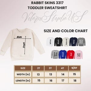 Puede incluir: Sudadera beige claro para ni&ntilde;os peque&ntilde;os con tabla de tallas y colores. La tabla muestra medidas en cm: ancho 33-38 cm, largo 38-46 cm. Los colores incluyen blanco, negro, natural, azul marino, gris oscuro, gris deportivo, real, rojo y rosa claro. Texto: RABBIT SKINS 3317.