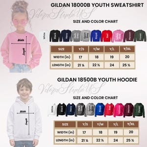 May include: A size and color chart for Gildan youth sweatshirts and hoodies. The chart displays various colors, including white, black, navy, and red. Measurements are provided in inches for width and length, ranging from 17 to 20 inches wide and 21.25 to 25.5 inches long.