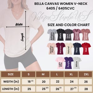 May include: A beige V-neck t-shirt with size and color chart. The chart displays various colors, including black, red, and purple. The size chart shows the width and length in inches, with the width ranging from 18 1/2 to 26 inches.