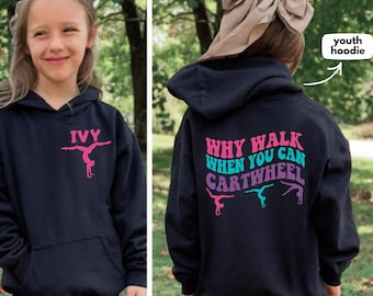 Sudadera con capucha personalizada "Por qué caminar cuando puedes hacer volteretas" para jóvenes, sudadera de gimnasta para niños pequeños, camiseta de viga con barras de suelo para salto, sudadera de gimnasta para niñas jóvenes