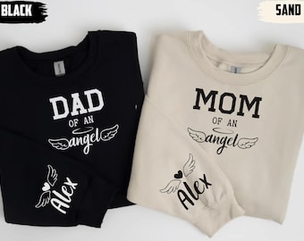 Sudadera personalizada "Mamá de un ángel" y "Papá de un ángel", sudadera con capucha personalizada conmemorativa para bebé, sudadera con nombre en la manga con temática de luto para mujer