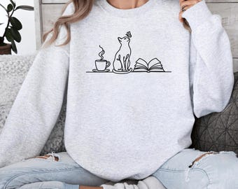 Coffee Cats And Books Lover Sweatshirt, Cute Bookish Sweatshirt, Cat Lover Sweatshirt, Bookworm Shirt, Book Lover Gift, Bookish Mom Gift