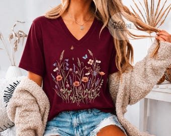 Bella Canvas Vintage Botanical Fern V-Neck Shirt, Cottagecore Wildflower Graphic Tee, Boho Nature Floral Top, Garden Lover Gift for Women