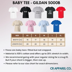 May include: A product image showcasing a variety of Gildan 5000B baby tees in various colors, including white, black, and red. A size chart displays measurements in inches, with widths ranging from 16 to 26 inches and lengths from 20 to 26 inches. The text reads "BABY TEE - GILDAN 5000B".