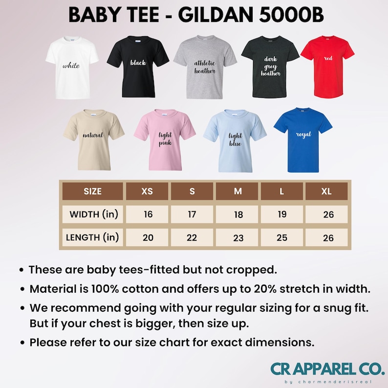 May include: A product image showcasing a variety of Gildan 5000B baby tees in various colors, including white, black, and red. A size chart displays measurements in inches, with widths ranging from 16 to 26 inches and lengths from 20 to 26 inches. The text reads "BABY TEE - GILDAN 5000B".
