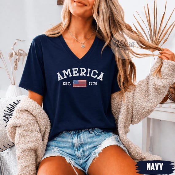 Bella Canvas America 1776 V Neck Shirt, Minimal Patriotic Tee, 250th Anniversary USA Tee, Minimal 4th of July Shirt, Independence Day Tee