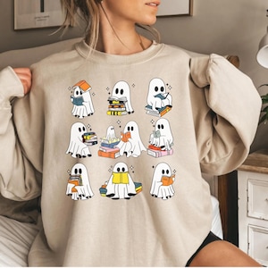 Reading Ghost Sweatshirt,  Book Lover Halloween Hoodie, Halloween Gift For Librarian, Ghost Book Sweatshirt, Cute Spooky Bookshelf Hoodie