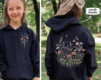 Pressed Flowers Youth Hoodie, Boho Cottagecore Pastel Botanical Floral Toddler Sweat, Fairycore Girls Wildflowers Crewneck Hoodie