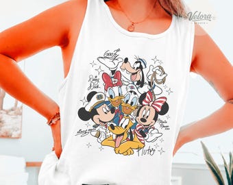 Camiseta sin mangas Comfort Colors Disney Cruise, camiseta sin mangas para mujer Mickey and Friends Cruise Signature, camiseta Disney Family Vacation, camiseta sin mangas Disneyland
