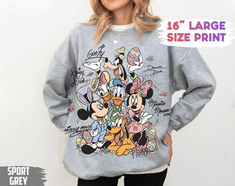 Sudadera de Pascua de Disney, cuello redondo con la firma retro de Mickey y sus amigos para el viaje de Pascua a Disney, camiseta de vacaciones familiares de Pascua en Disneyland