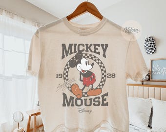 Comfort Colors® Vintage Mickey Mouse Checkered Boxy Tee, Retro Disney Mickey 1928 Tee, Disney Trip Crop Shirt, Checkered Mickey Top