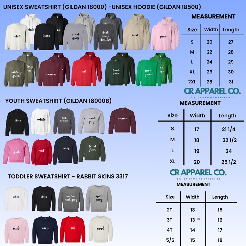 Puede incluir: Imagen de producto que muestra varias sudaderas y sudaderas con capucha en m&uacute;ltiples colores, incluyendo blanco, negro y rosa. La imagen incluye tablas de tallas con medidas en cent&iacute;metros para tallas unisex, juveniles y para ni&ntilde;os peque&ntilde;os. La marca "CR Apparel Co." es visible.