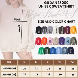 May include: A Gildan 18000 unisex sweatshirt size and color chart. The chart displays various colors, including black, red, orange, and green. The size chart shows width and length measurements in inches, ranging from S to 2XL.