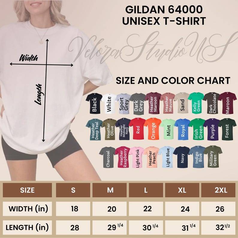 May include: White Gildan 64000 unisex t-shirt with a size and color chart. The chart displays various t-shirt colors, including black, white, and red. Size chart shows width and length in inches, ranging from 18 to 26 inches wide and 28 to 32 1/2 inches long.