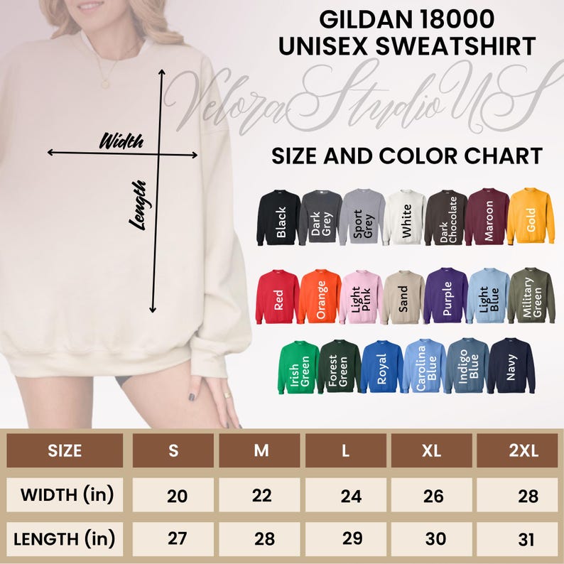 May include: Gildan 18000 unisex sweatshirt size and color chart. Available colors include black, dark grey, sport grey, white, dark chocolate, maroon, gold, red, orange, light pink, sand, purple, light blue, military green, Irish green, forest green, royal, carolina blue, indigo blue, and navy. Sizes S-2XL.
