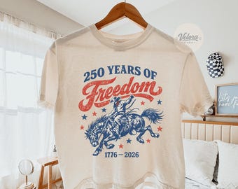 Comfort Colors Retro 250 Years of Freedom Cowboy Horse Boxy Tee, 1776-2026 Cowgirl Shirt, Fourth of July Tee, Patriotic Shirt, Cowboy Gift