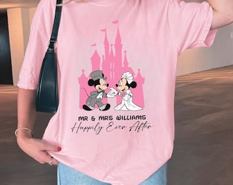 Maglietta Disney "E vissero felici e contenti" con la signora e il signor, maglietta con la coppia Topolino e Minnie "E vissero felici e contenti", maglietta Disney per matrimonio, maglietta coordinata "Appena sposati"