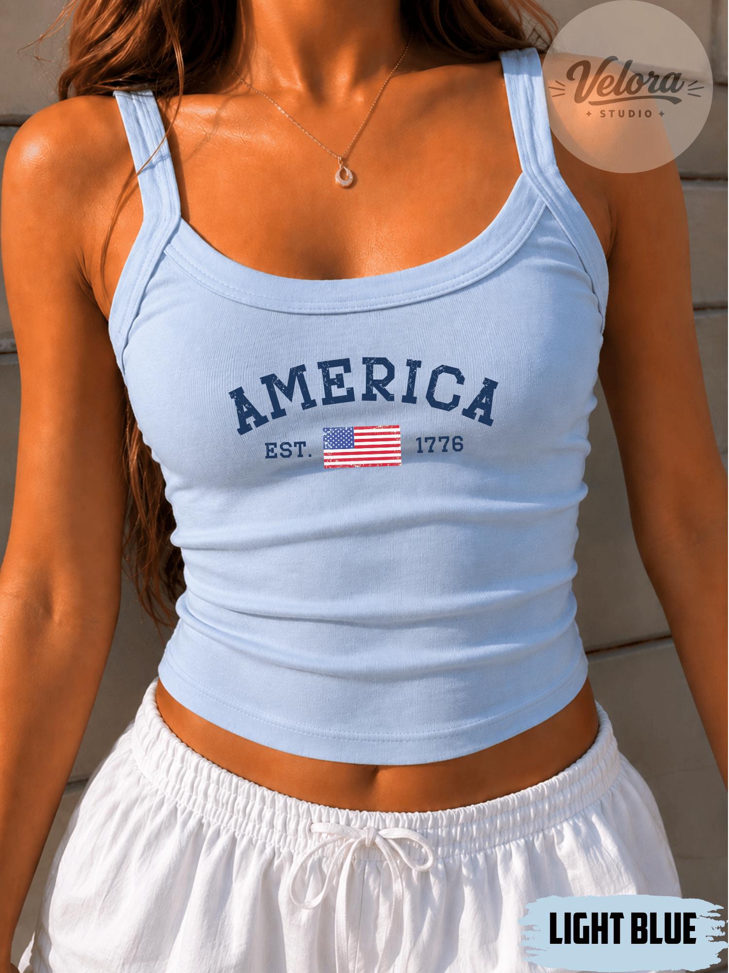 Bella Canvas Spaghetti Strap Fourth of July America's 250th Birthday 1776 Tank Top, Retro America Patriotic Land of the free Women Top