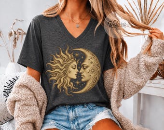 Vintage Sun Moon Celestial Women V-Neck Shirt, Retro Mystic Astrology Graphic Tee, Classic Boho Cosmic Art Top, Boho Spiritual Gift