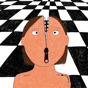Puede incluir: Una ilustración surrealista de una persona con una cremallera en el medio de la cara, de pie sobre un suelo de ajedrez blanco y negro. La cremallera está abierta, revelando un tirador de cremallera negro. La persona tiene el pelo castaño y una piel de color naranja claro. El texto "dissonance.it" está escrito en el hombro de la persona.