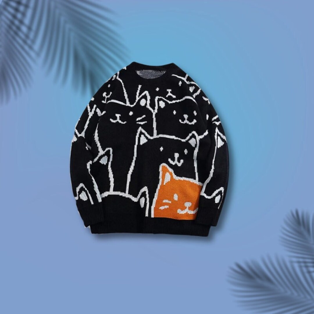 Loosefit Knitted Pullover Sweater, Cat Print Sweater, Cat Pattern