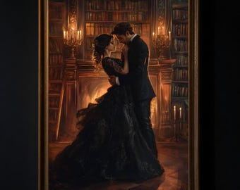 May include: A painting of a couple in a dimly lit room with a fireplace and bookshelves. The man is wearing a black suit and the woman is wearing a black gown. They are holding each other close and looking into each other's eyes.