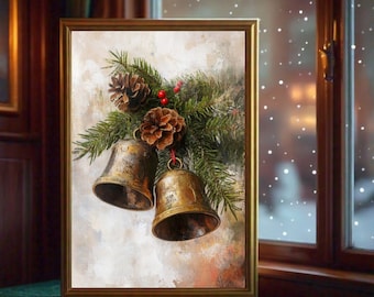 Impressions d&#39;hiver Jingle Bells Art mural de vacances, peinture de Noël, affiche vintage, décoration de vacances rustique, téléchargement numérique instantané JPG